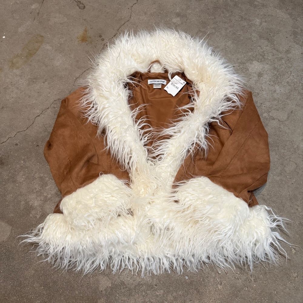 Cotton Emporium Faux Fur Trim Jacket Women Large Mocha Rust Suede Shag Coat